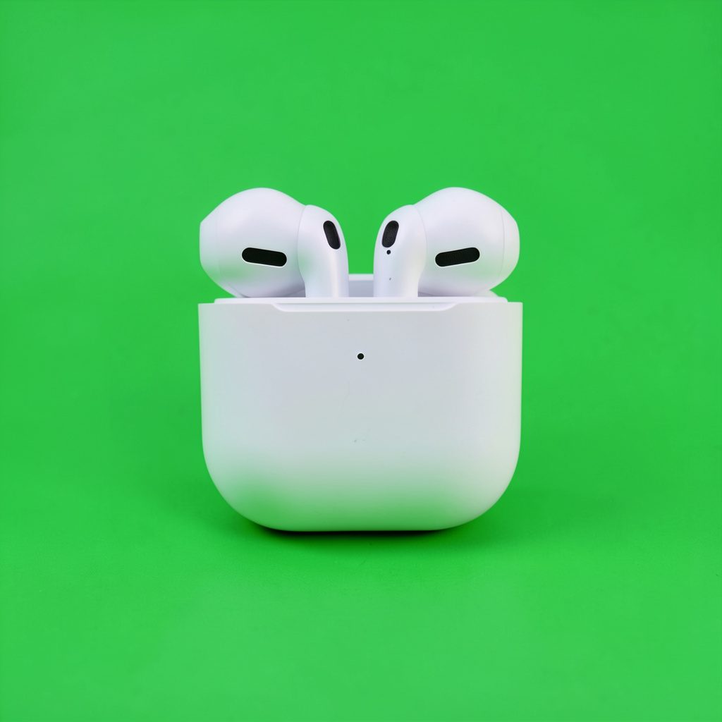 Tai nghe không dây kiểu Airpods màu trắng đặt trong hộp sạc mở, nền trắng sạch