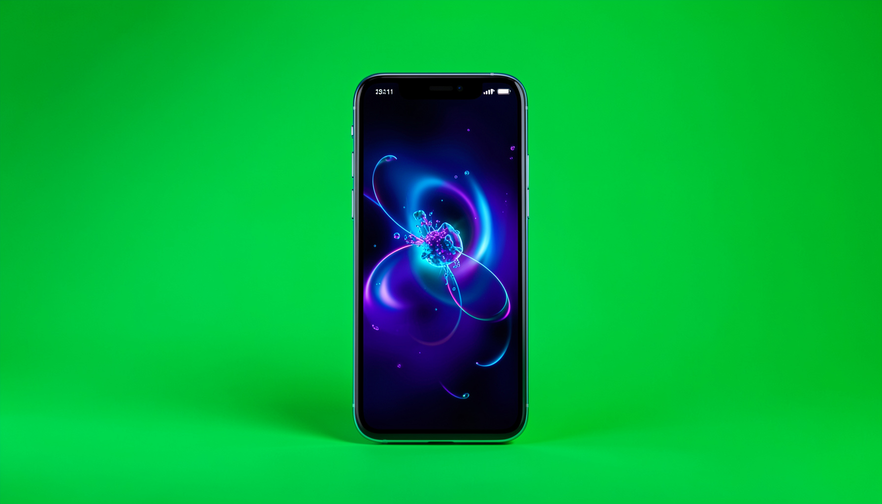 Điện thoại hiển thị hình ảnh 3D nổi trên màn hình, ánh sáng neon xanh tím huyền ảo